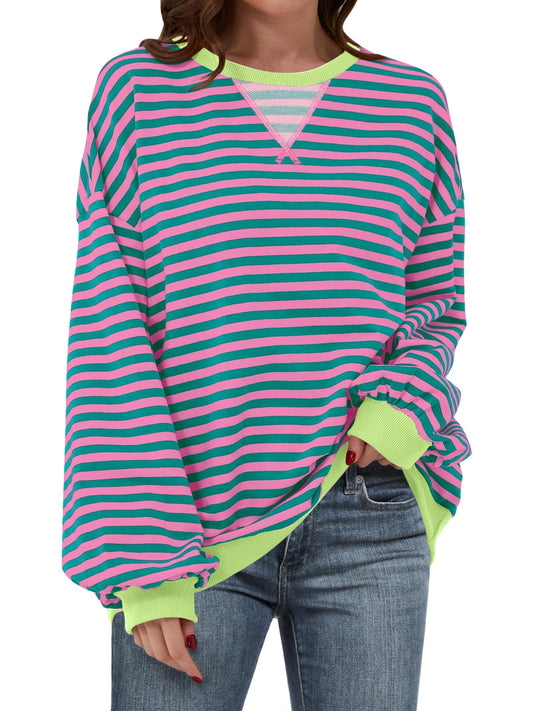 ANRABESS Women Striped Oversized Sweatshirt Long Sleeve Crewneck Hoodies Shirts 2024 Fall Pullover Top Trendy Preppy Clothes Pink Green Medium - Law of Apparel