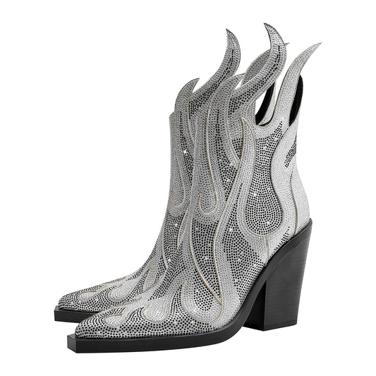 Feinlina Women's Rhinestone Flame Pointed Toe Block Chunky Heeled Boots Fashion Sparkly Cowboy Ankle Booties,Sliver