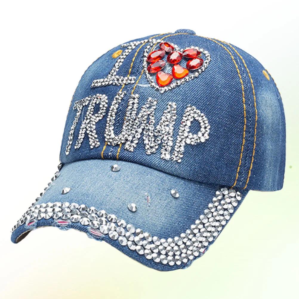 I Love Trump Denim Baseball Hat with Rhinestones - Law of Apparel