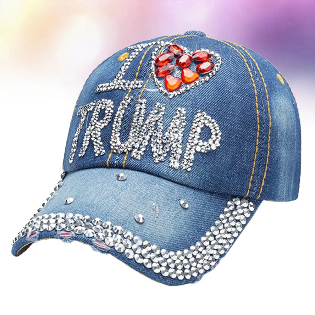 I Love Trump Denim Baseball Hat with Rhinestones - Law of Apparel