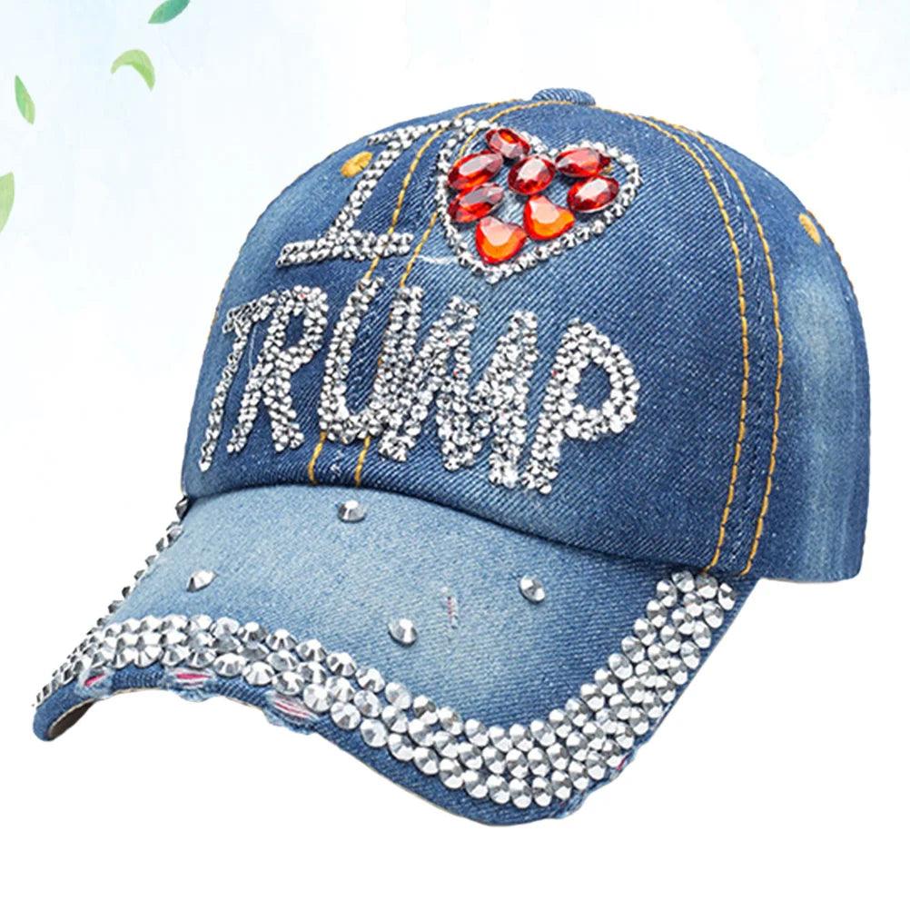 I Love Trump Denim Baseball Hat with Rhinestones - Law of Apparel